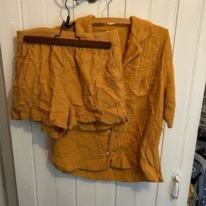 Oui small Mustard Yellow Muslin 2pc set of Button-Up Shirt and Shorts